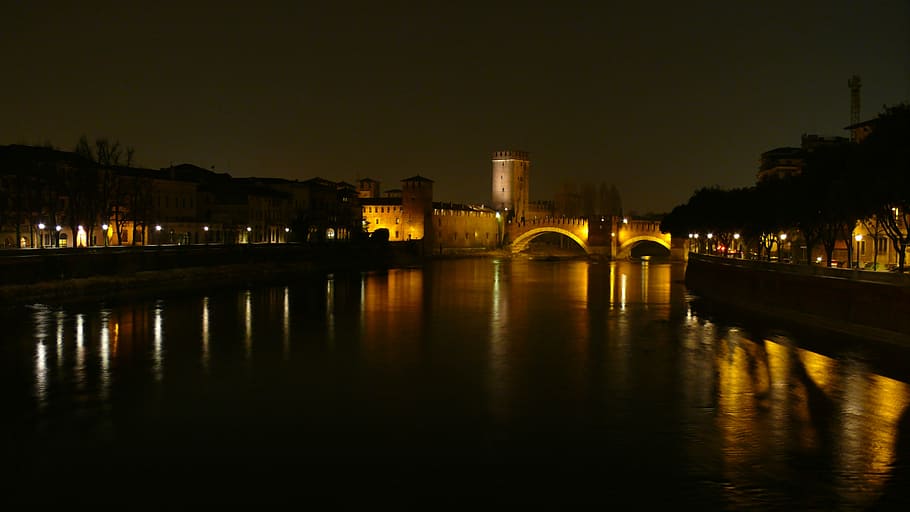 Dark, Night, Night, Castle, Bridge, Verona, italy, illuminated HD wallpaper