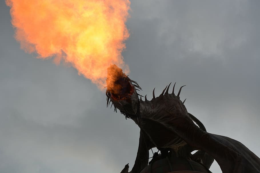 dragon blowing flame, harry potter, fire, sky, amusement park HD wallpaper