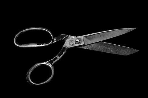 gray steel scissors, gray scissors on black background, black and white HD wallpaper