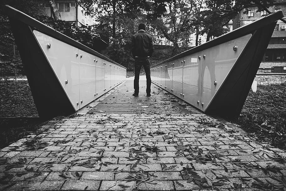 guy, man, people, bridge, architecture, stones, leaves, fall HD wallpaper