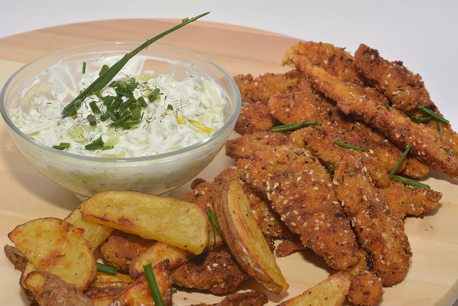 chicken, cooked, cuisine, dinner, encrusted, food, fries, garlic HD wallpaper