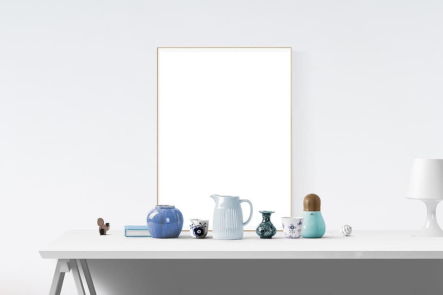 white ceramic pitcher, poster mockup, frame, template, interior HD wallpaper
