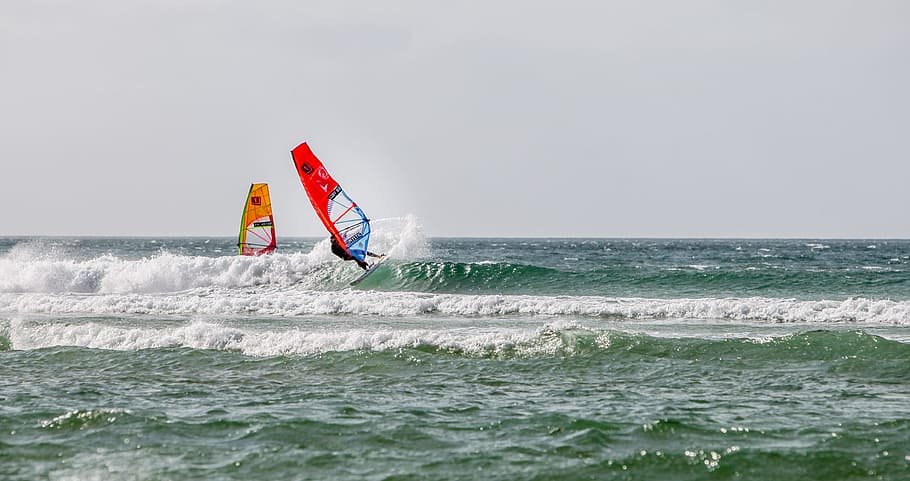 windsurfing, waves, cornwall, water, sea, sport, board, active HD wallpaper
