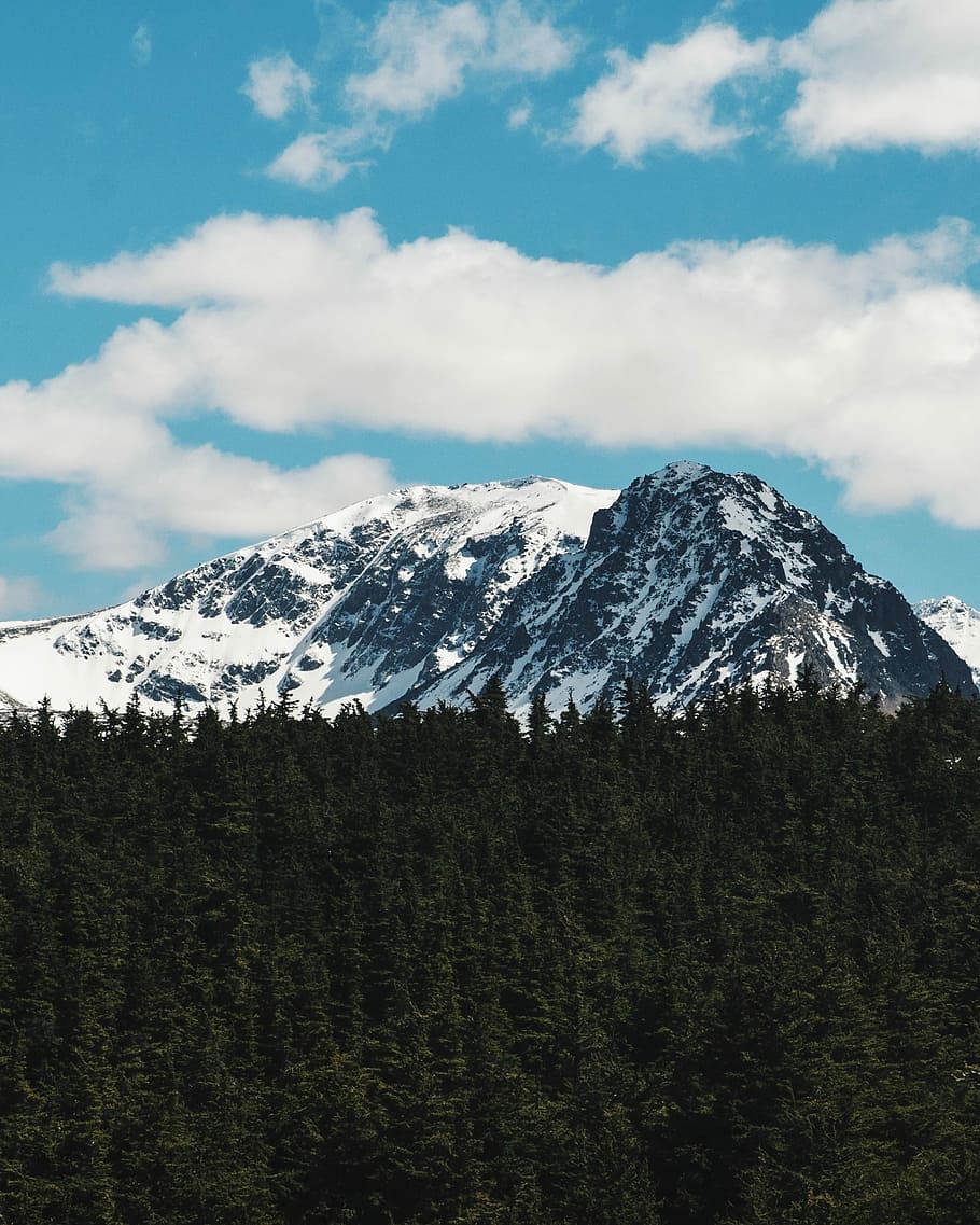 mountain covered by snow during daytime, landscape photography of white mountain ranges and green trees HD wallpaper