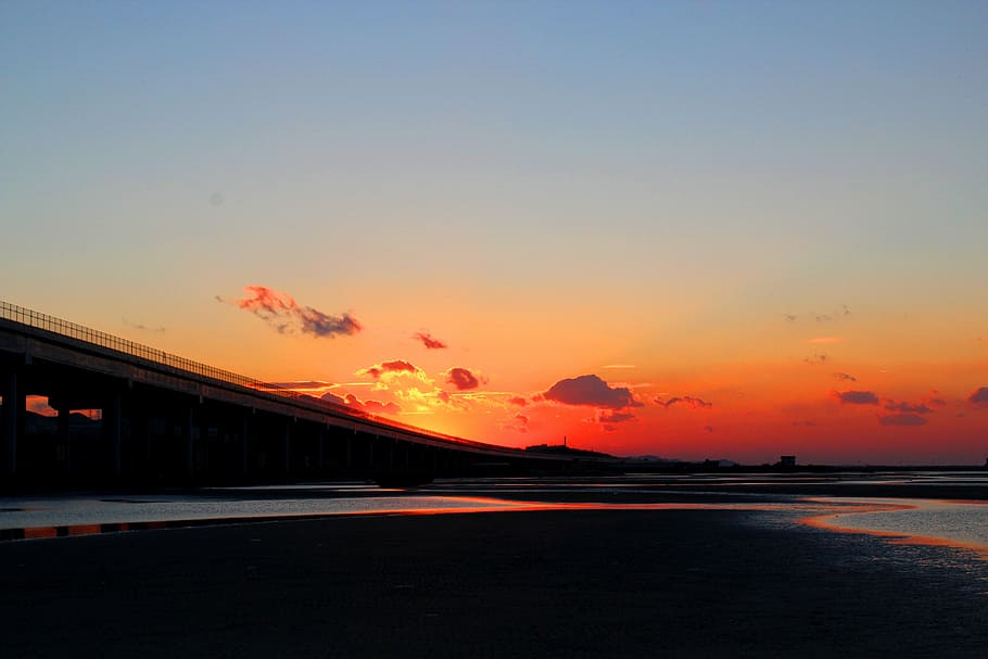 sunset, beach, sea, evening shore, summer, nature, horizon HD wallpaper