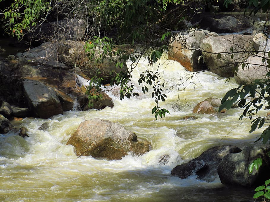waterfall, stream, waterfall and boulder, rock, solid, rock - object HD wallpaper