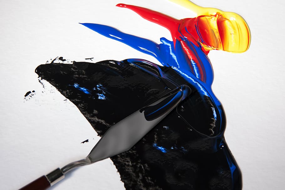 black, blue, and orange paint splash art illustration, acrylic paints