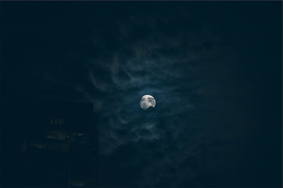 view of full moon, silhouette, building, night, sky, dark, clouds HD wallpaper