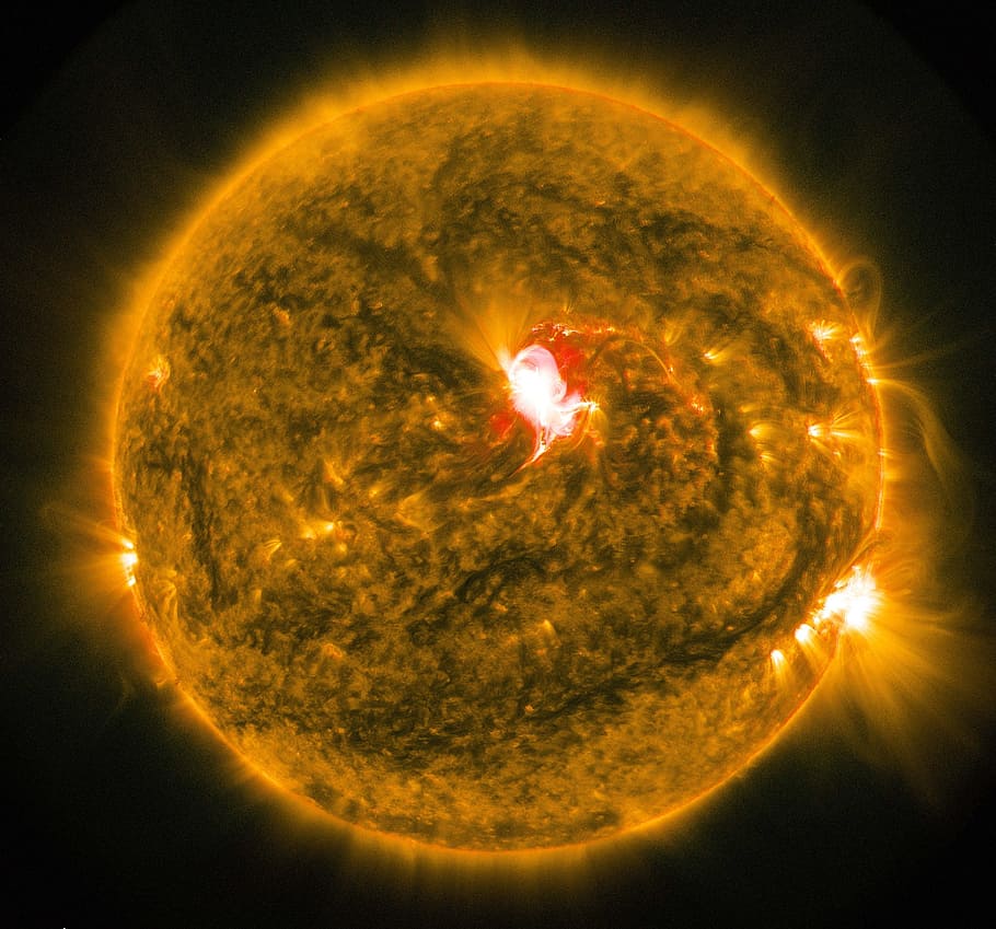 flaring sun, solar flare, eruption, energy, fireball, orange
