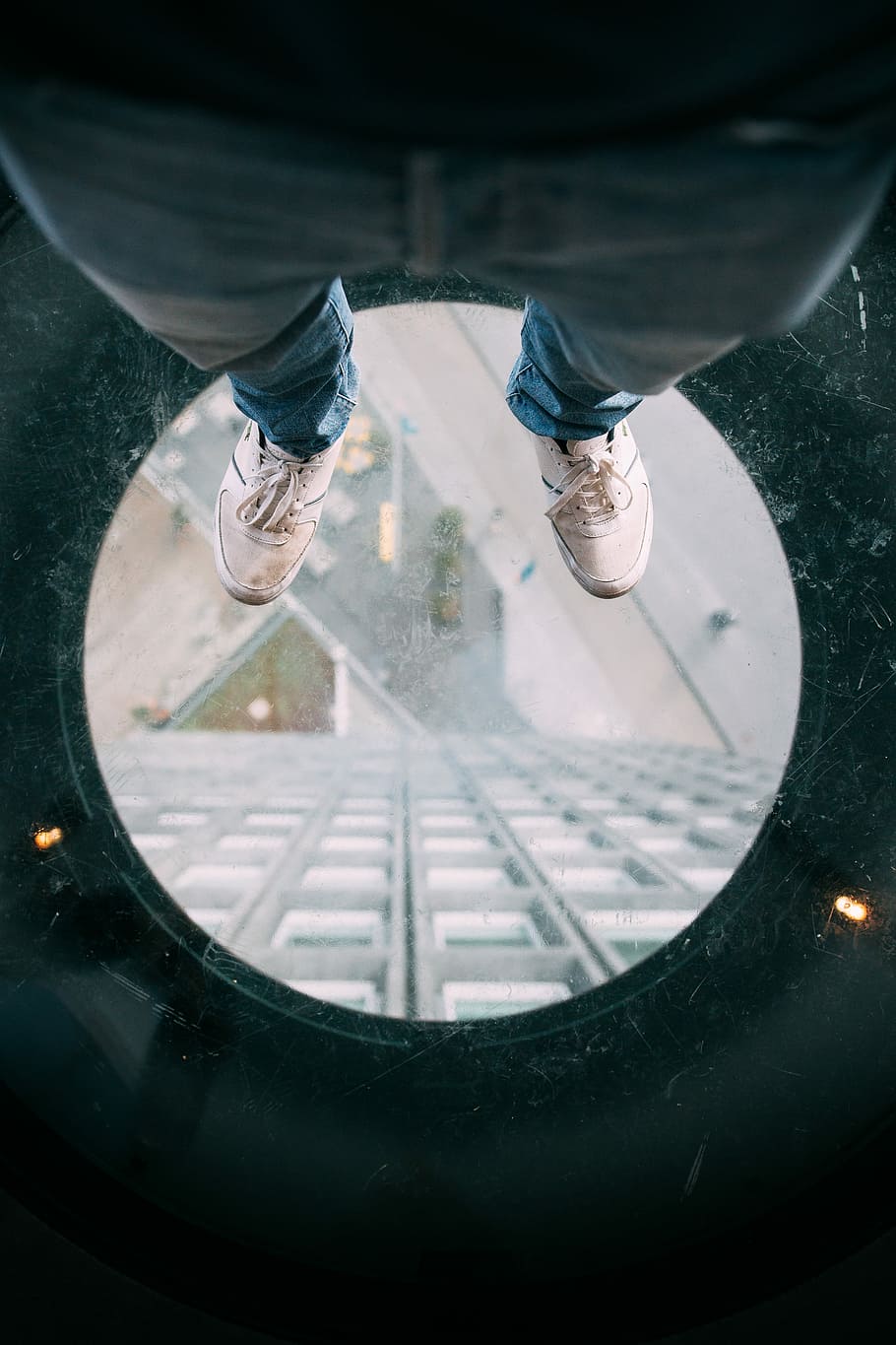 person standing on round clear glass, person standing on glass surface, HD wallpaper