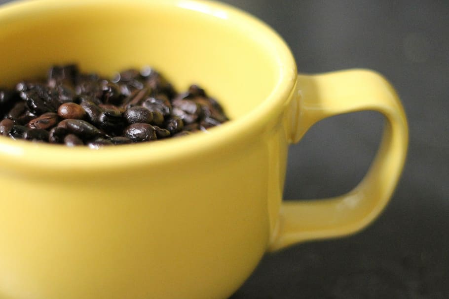 coffee, cup, mug, yellow, drink, caffeine, food, bean, closeup HD wallpaper