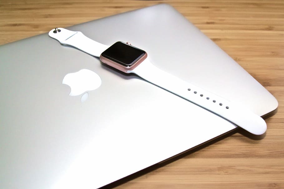 macbook, laptop, apple, smart, watch, desk, technology, equipment HD wallpaper