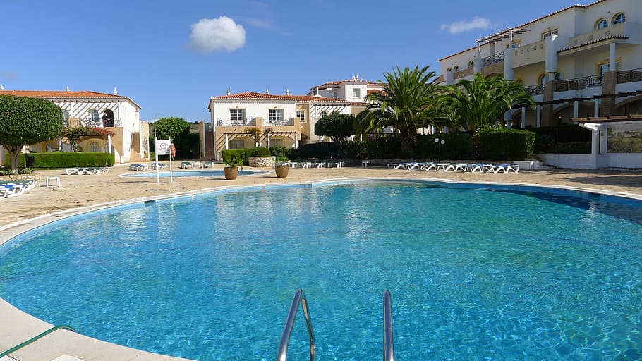 round concrete swimming pool, cloud, algarve, water, poolside HD wallpaper