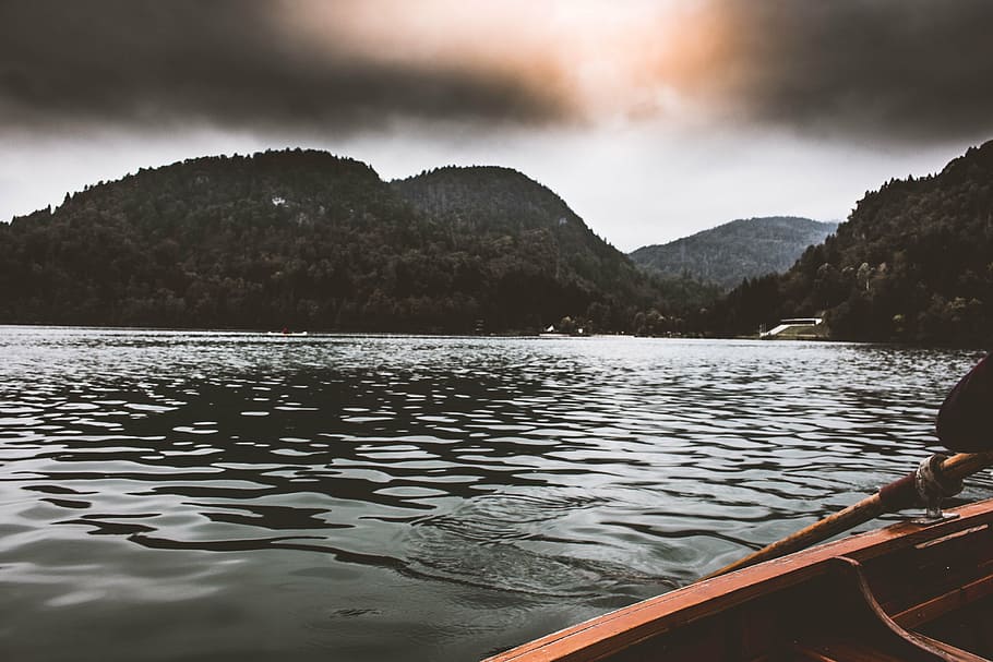 brown boat sailing surrounded by mountains, sea, ocean, water HD wallpaper