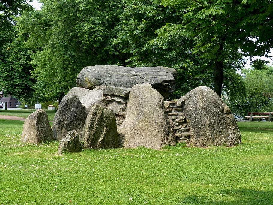 Stone, Grave, Rock, Old, green, grass, green color, day, tree HD wallpaper