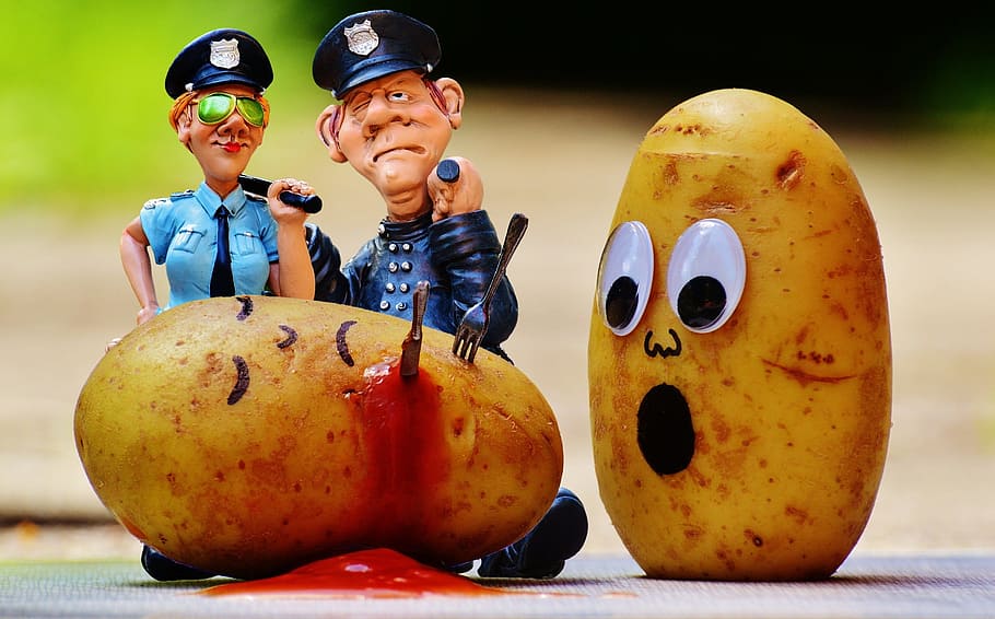 male and female police plastic figures and two potatoes, murder, HD wallpaper