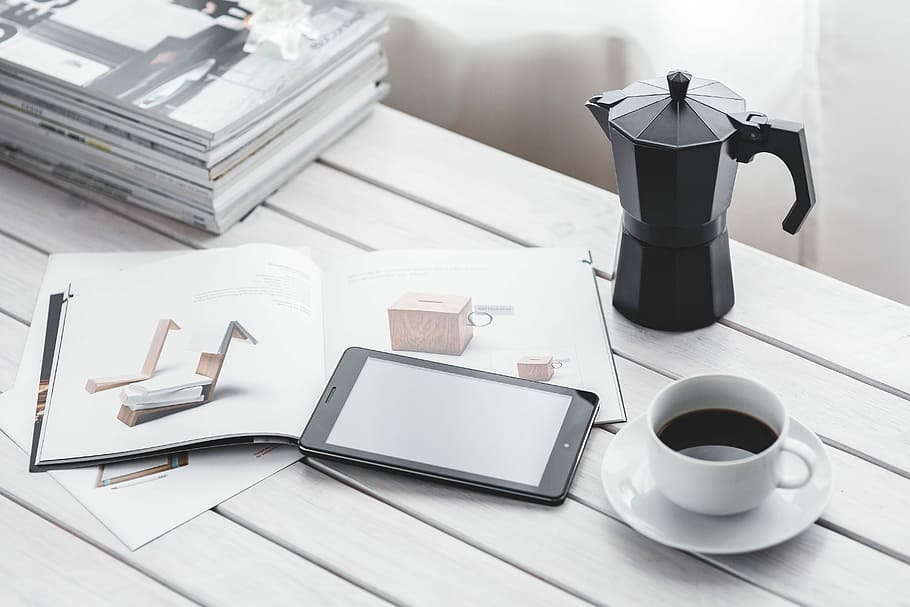 Coffee on a table with other items, morning, pot, tablet, coffee - Drink HD wallpaper
