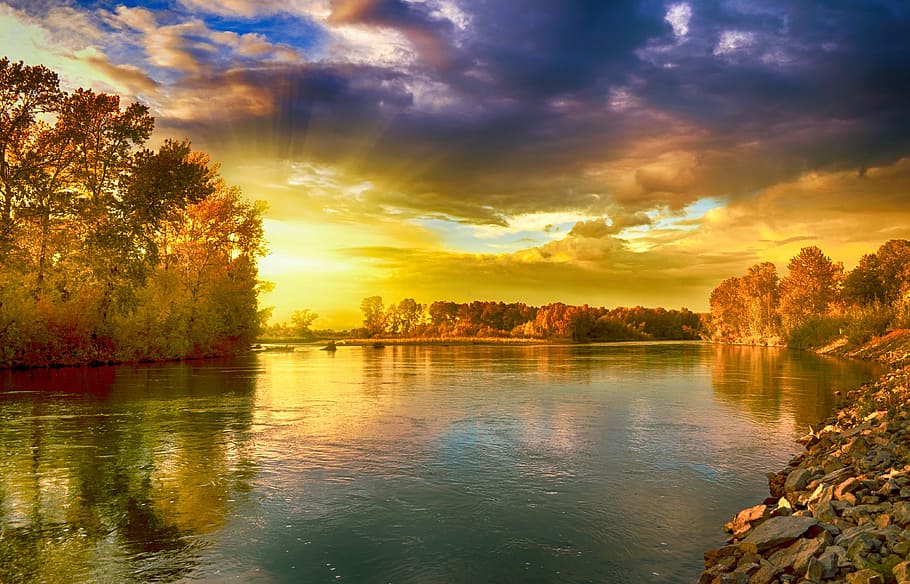 river near trees under blue and white sky during daytime, landscape HD wallpaper