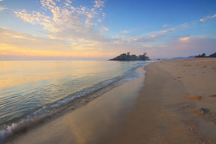 sea, dawn, landscape, nature, beach, clouds, island, ocean, outdoors HD wallpaper