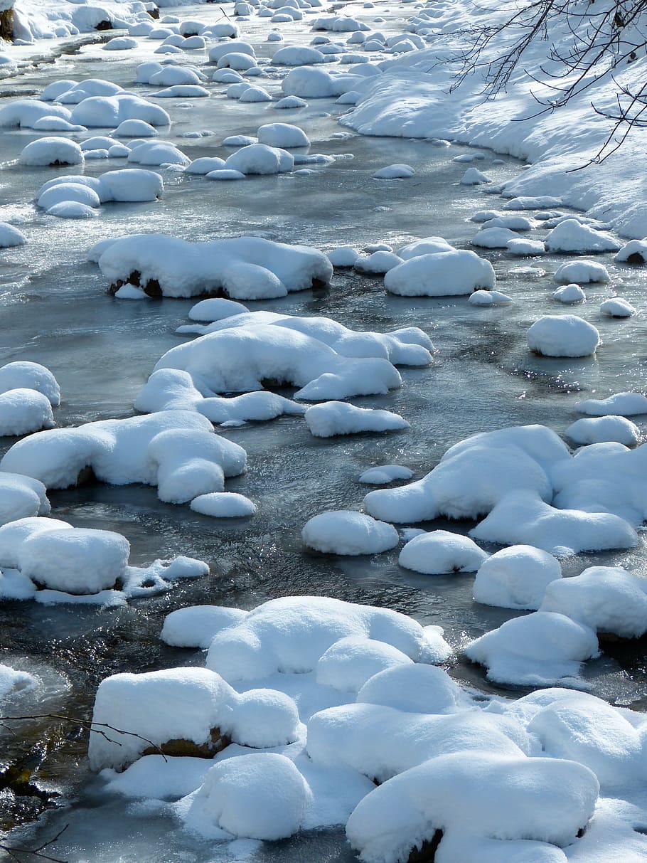 river with snow during daytime, bach, water, ice, frozen, cold HD wallpaper