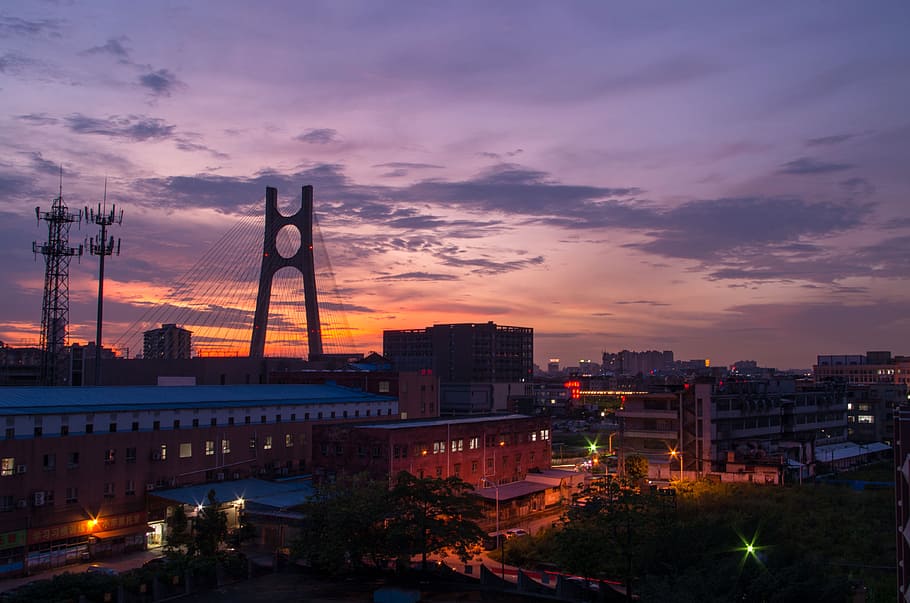 night view, twilight, sunset, city, high speed rail, cable-stayed bridge HD wallpaper