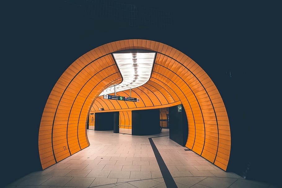 architectural photography of tunnel, yellow, framed, architecture HD wallpaper