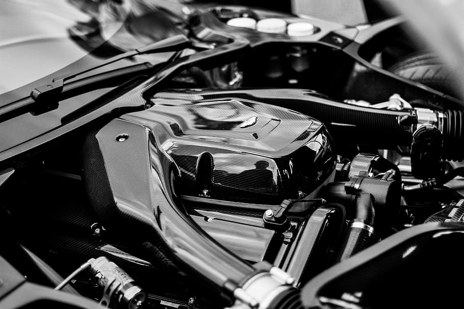 grayscale photography of vehicle engine bay, supercar, speed