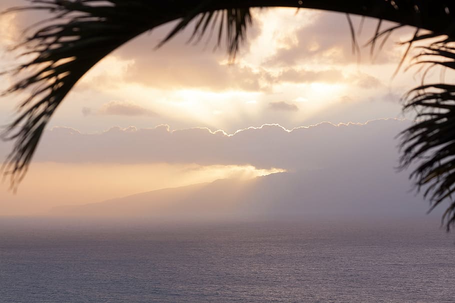 sun, clouds, abendstimmung, sea, island, mainland, sky, sunset HD wallpaper