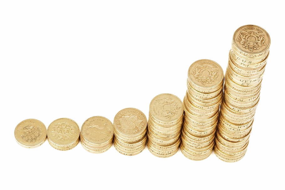round gold-colored coin lot, money, coins, stack, wealth, finance HD wallpaper