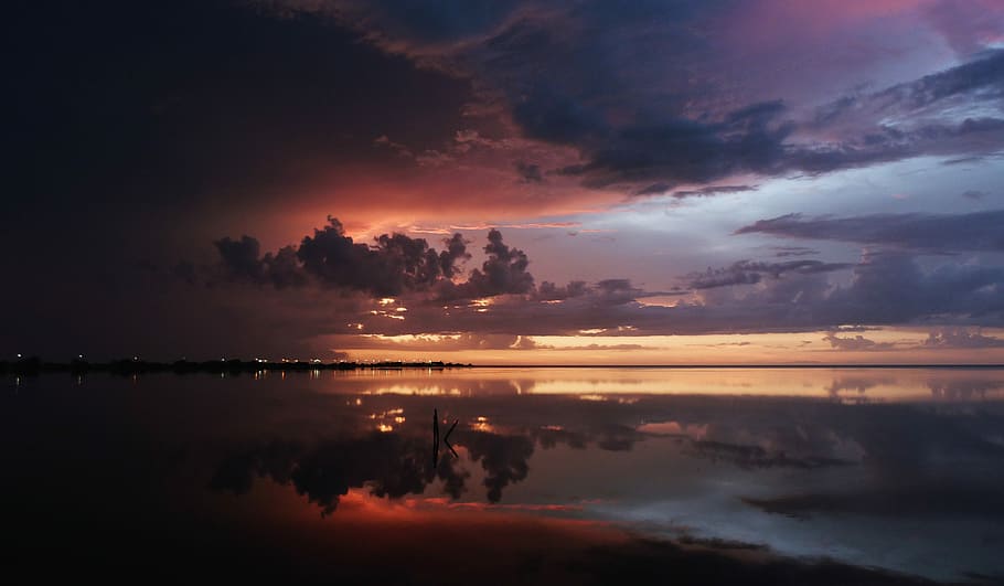 reflective photography of clouds, body of water over horizon during sunset HD wallpaper