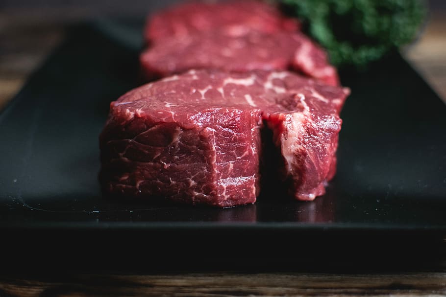 Raw beef steaks, close up, meat, paleo, wood, food, sirloin Steak