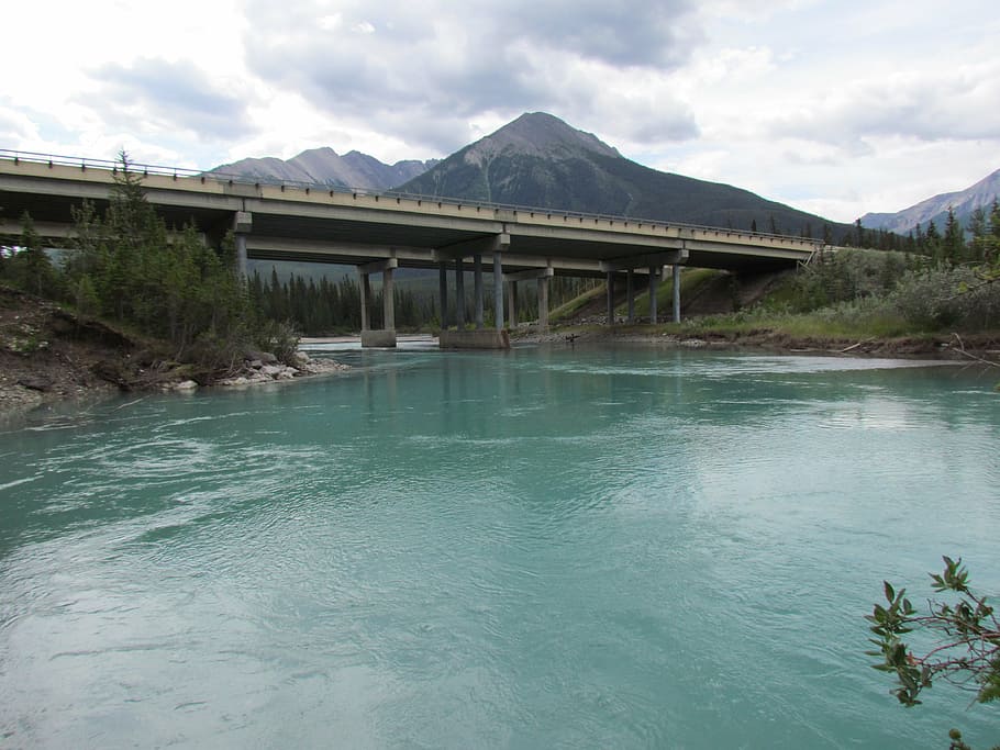 river, canada, mountain, water courses, landscape, ice, bridge HD wallpaper