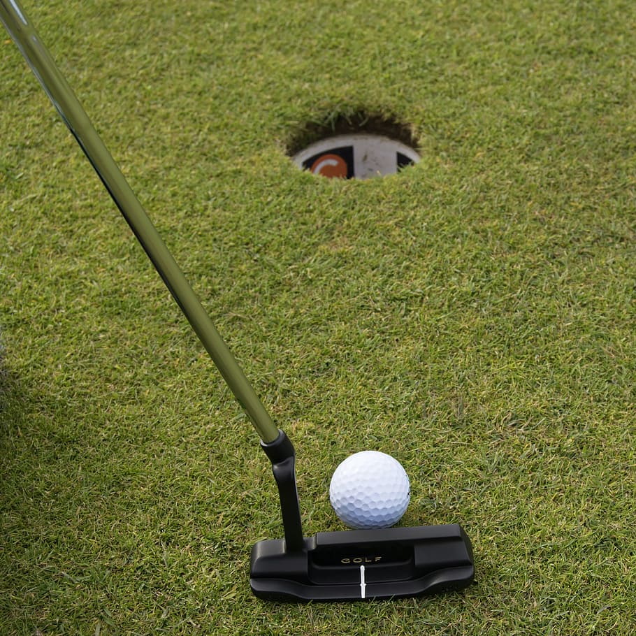 black Gold putter and ball at field, golf, golf ball, golf club, HD wallpaper