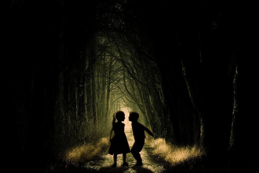 silhouette of girl and boy between trees, people, adult, dark