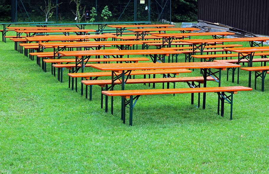 brown-and-black table with bench lot on grass field, seat, beer garden, HD wallpaper