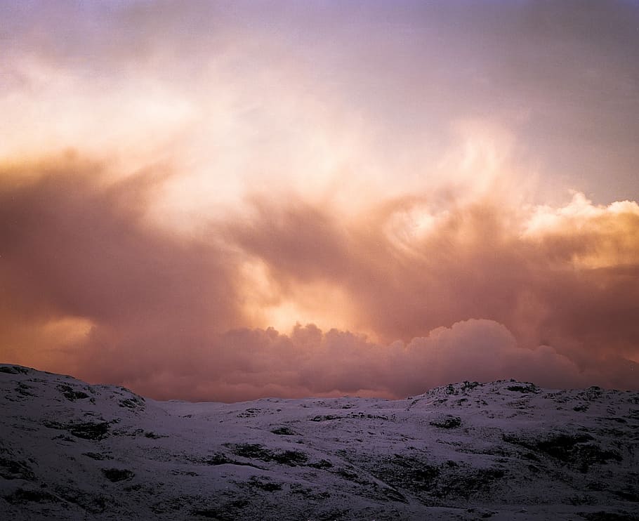 mountain covered with snow under cloudy sky, snow covered mountain under white clouds at daytime HD wallpaper