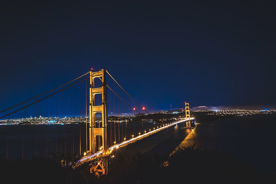 Golden Gate Bridge at night time, suspension, dark, illuminated