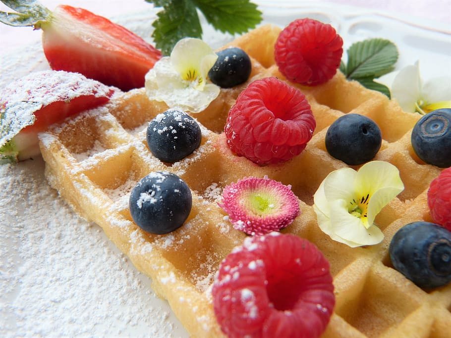 photo of baked waffle with blackberries and sliced strawberries HD wallpaper