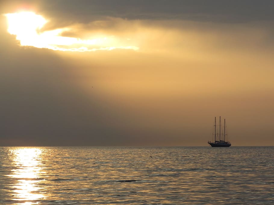 scheveningen, sunset, ship, clouds, water, sky, sea, waterfront HD wallpaper