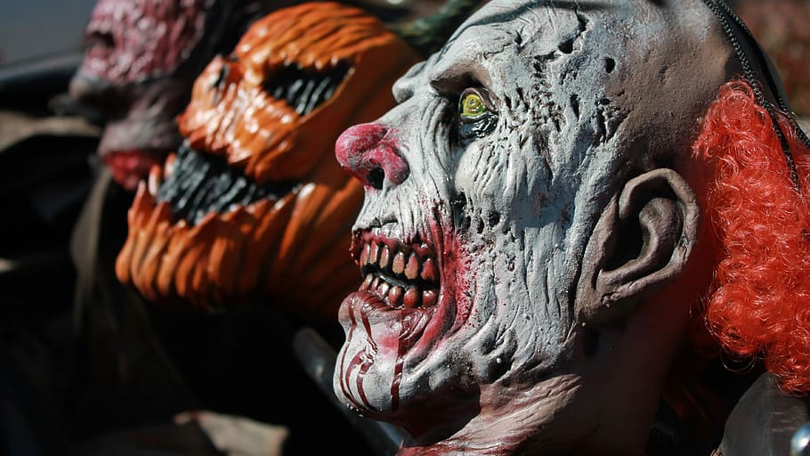 three scary mask headbust, clown mask, evil clown, pumpkin mask