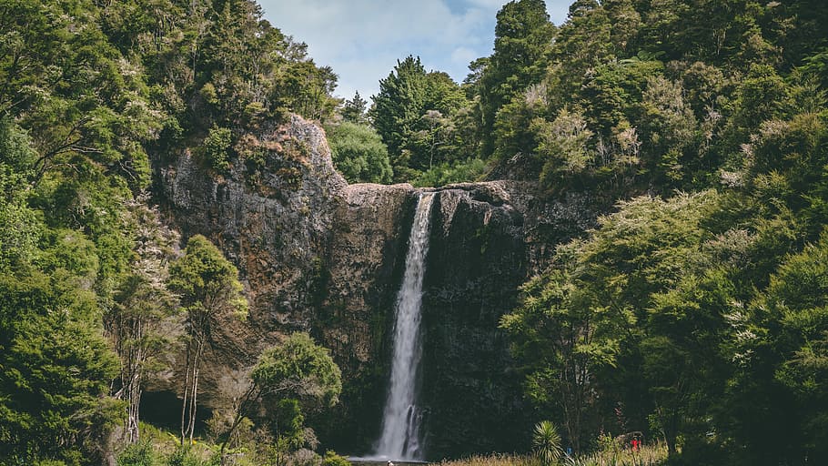 waterfalls during daytime, waterfalls surrounded by trees, rock HD wallpaper