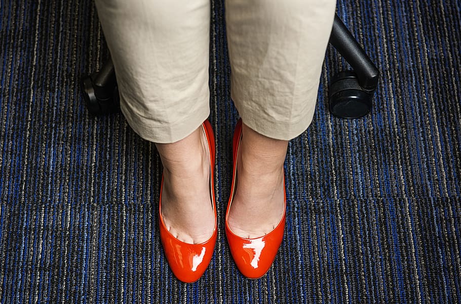 red shoes, work, office, carpet, chair, pants, human leg, low section HD wallpaper