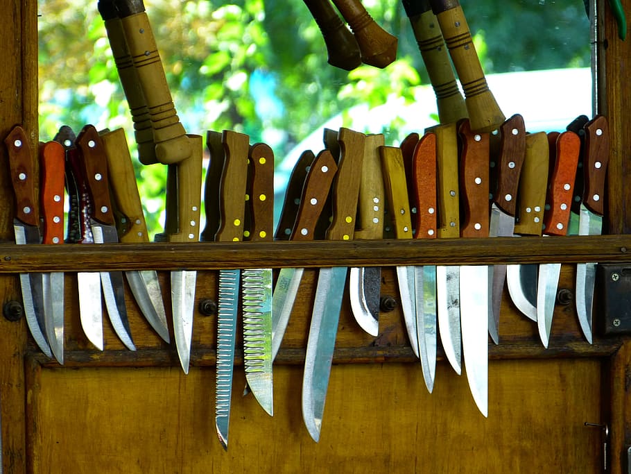 knife, cut, sharp, dangerous, wood - material, no people, in a row HD wallpaper