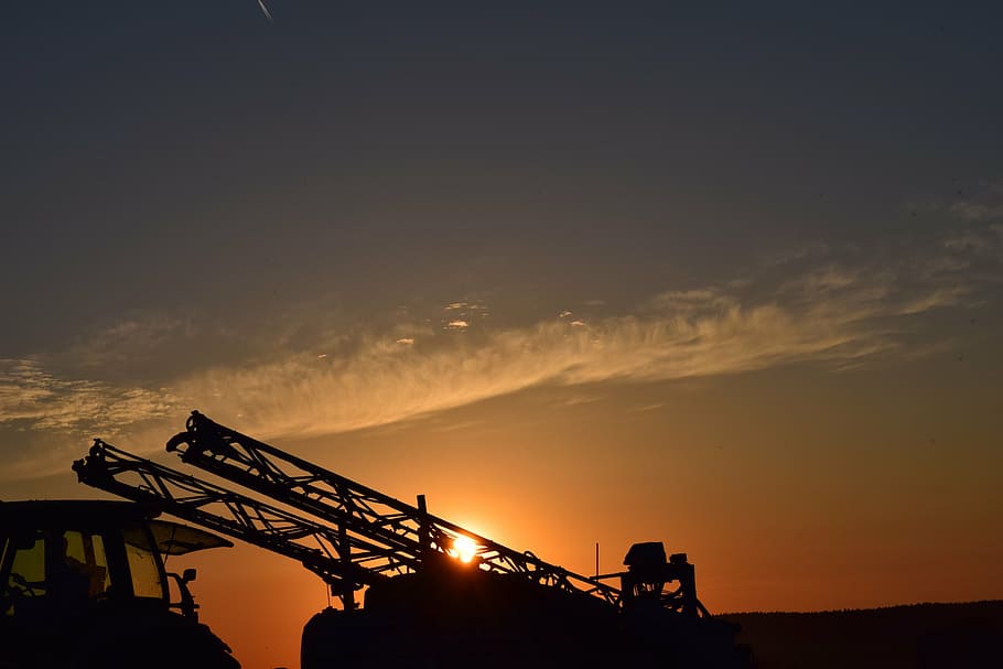 sunset, agricultural machinery, back light, sky, landscape HD wallpaper