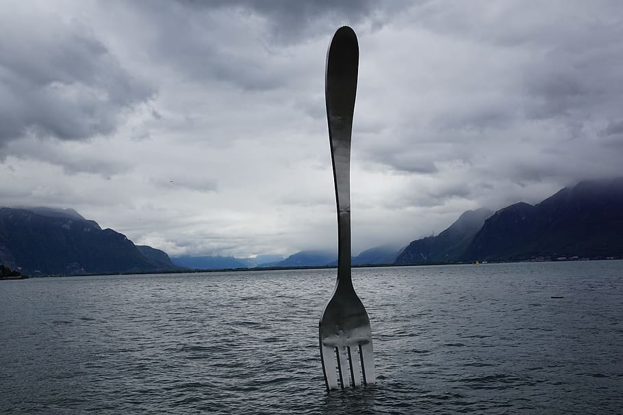fork, lake, trueb, weather, vevey, switzerland, sculpture, modern, HD wallpaper