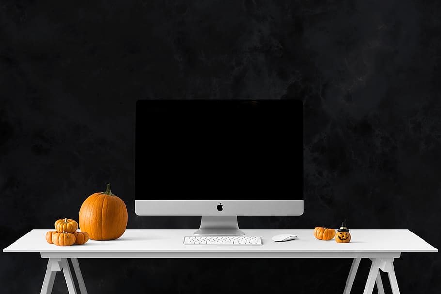 silver iMac near pumpkin on table, poster, mockup, interior HD wallpaper