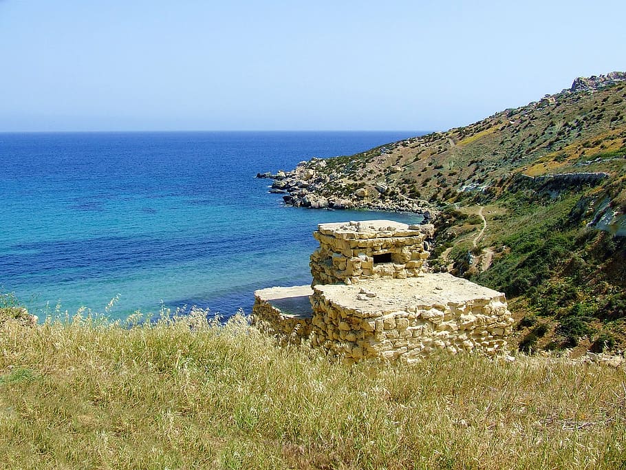 coast, view, rugged, rocks, sea, gate, stone wall, bushes, ocean HD wallpaper