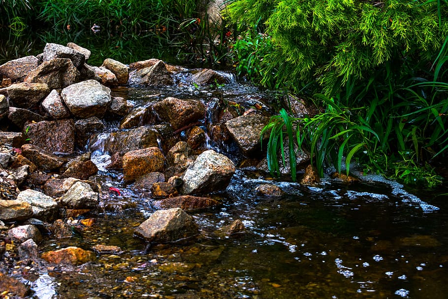 creek, rocks, river, nature, stream, natural, green, scenery HD wallpaper