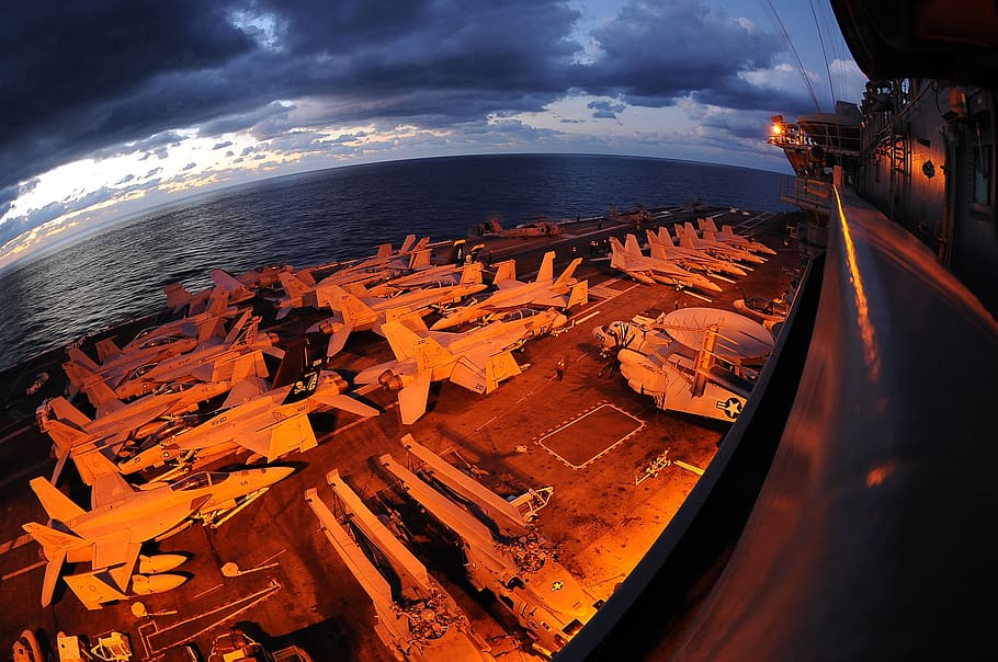 us navy, ship, aircraft, carrier, sea, ocean, water, fisheye, HD wallpaper