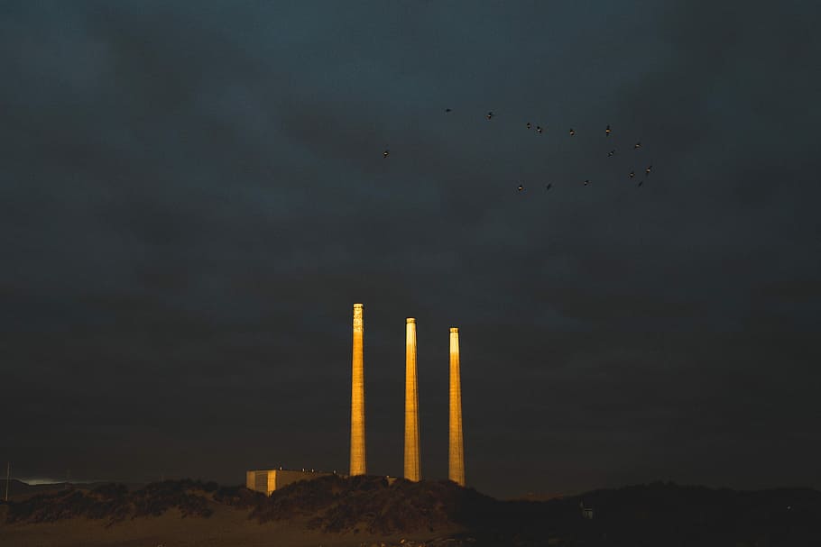 three white concrete towers, three beige towers, sunlight, stormy HD wallpaper